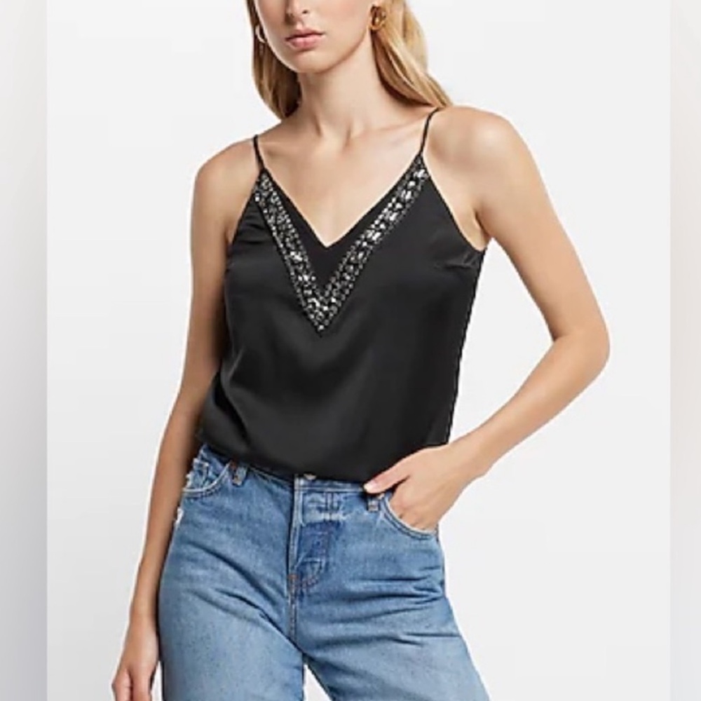Express Satin Embellished V-Neck Black Cami Top